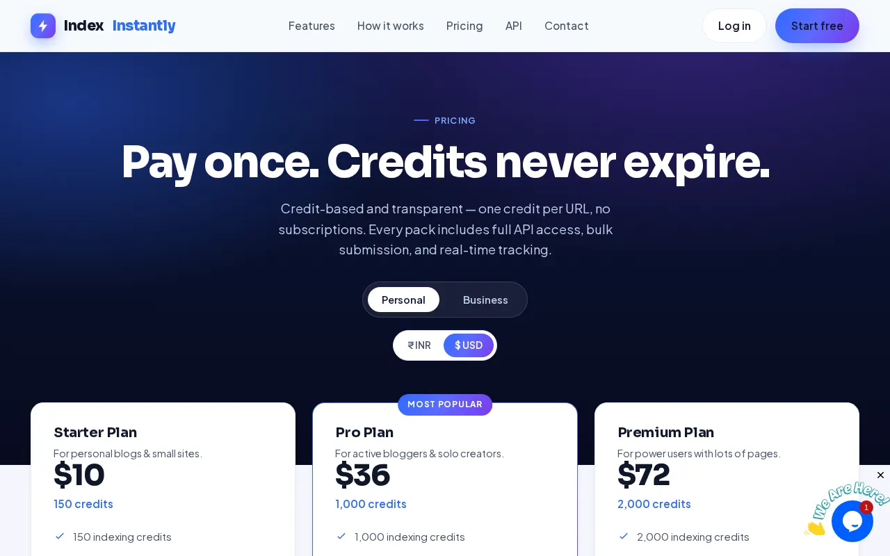 Indexinstantly — pricing page