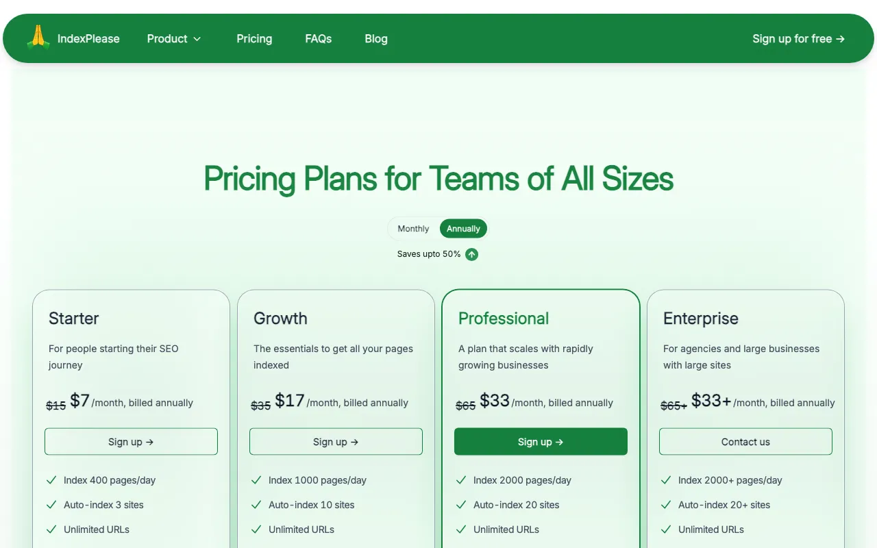 IndexPlease — pricing page