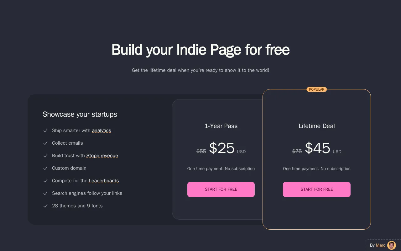 Indie Page — pricing page