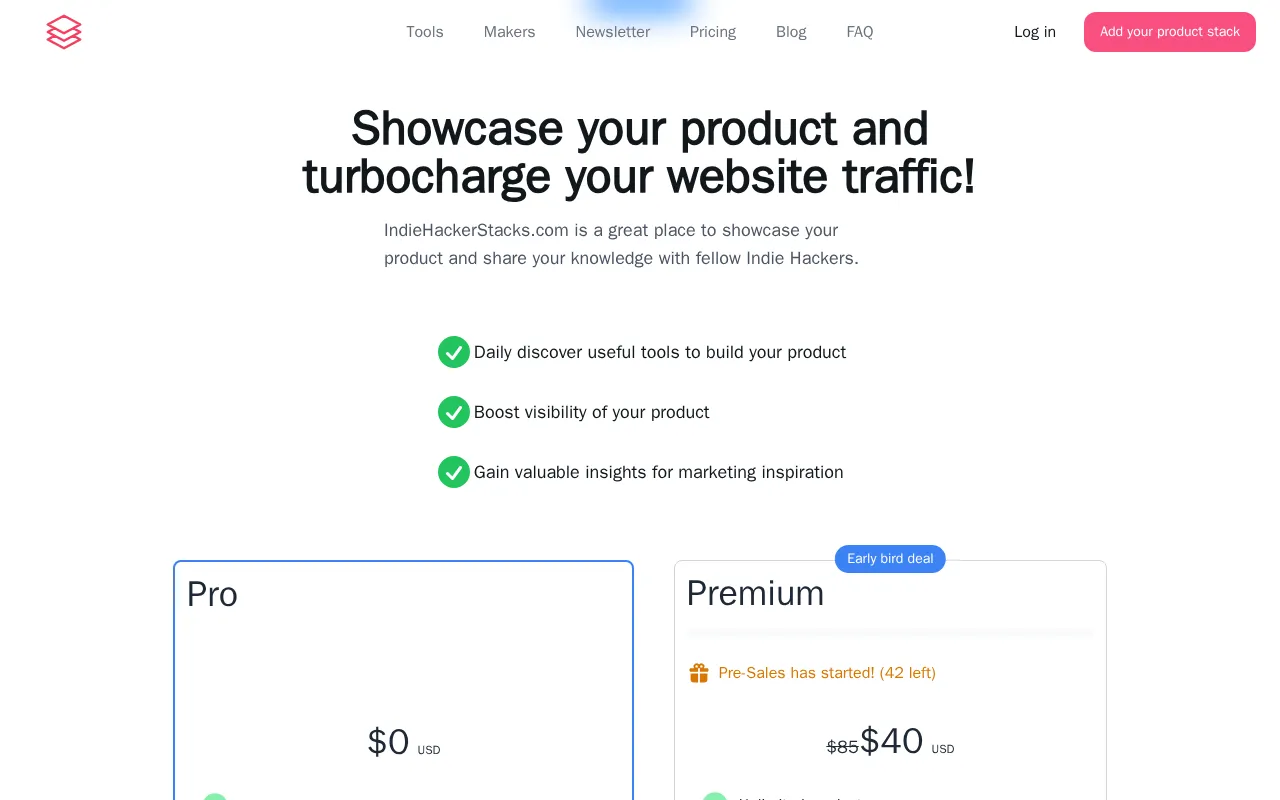 IndieHackerStacks — pricing page