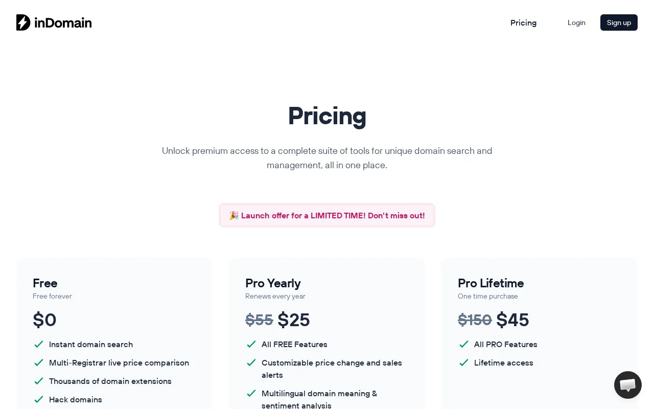 inDomain — pricing page