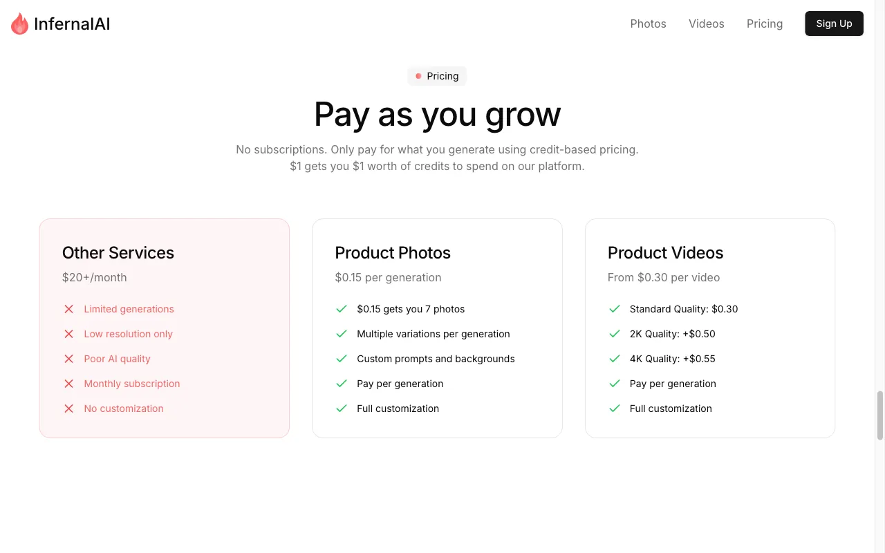InfernalAI — pricing page