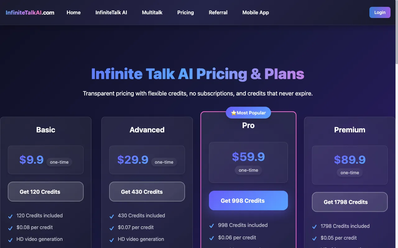 Infinite Talk AI — pricing page