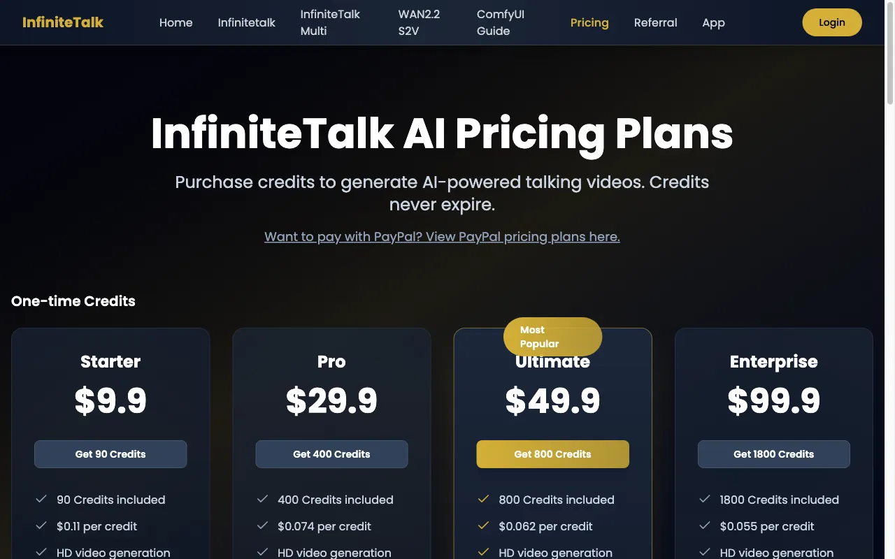 InfiniteTalk AI — pricing page