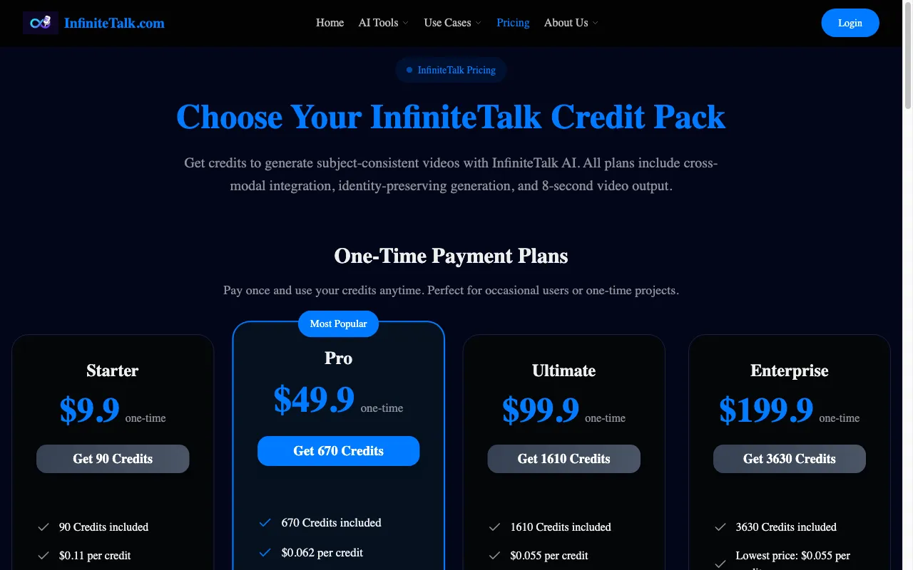 InfiniteTalk — pricing page