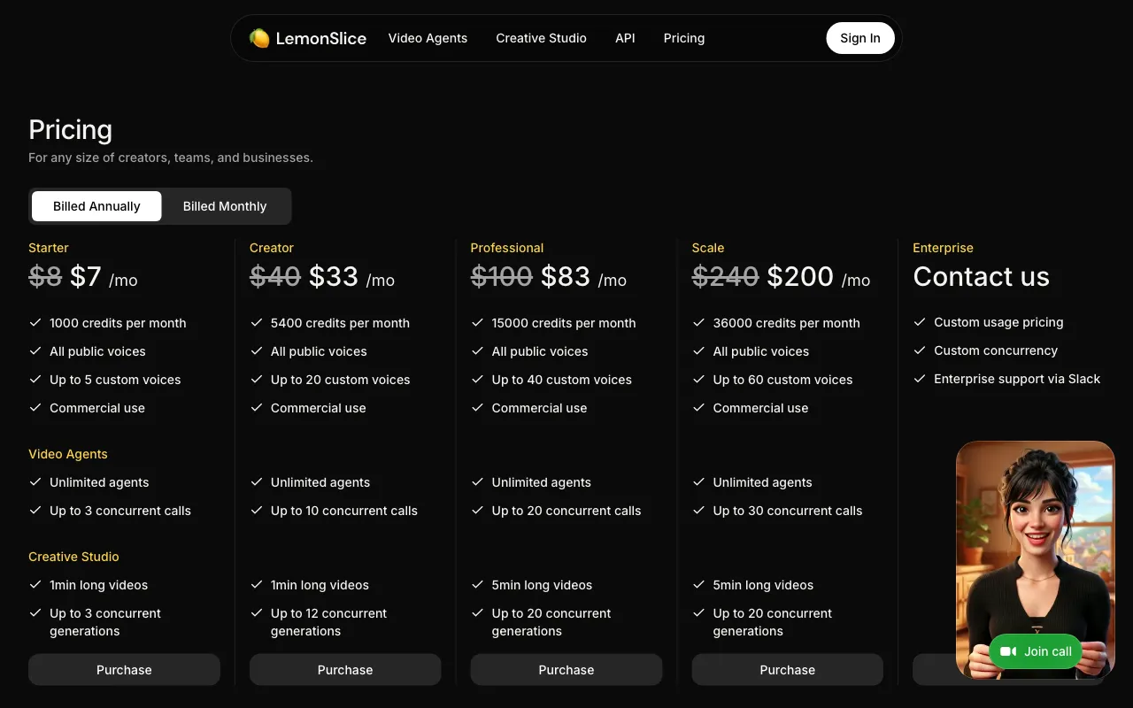 LemonSlice — pricing page