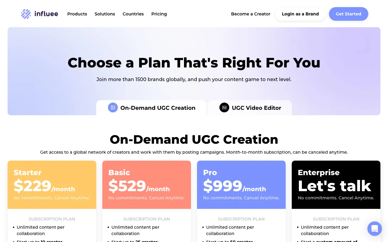 Influee — pricing page