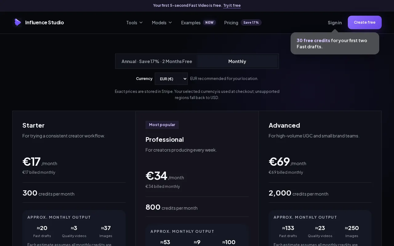Influence Studio — pricing page