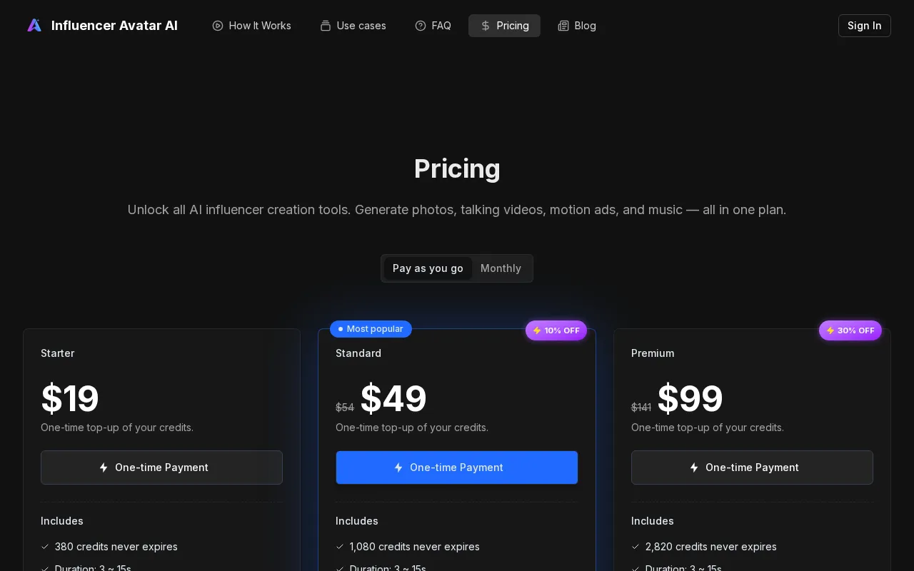 Influencer Avatar AI — pricing page