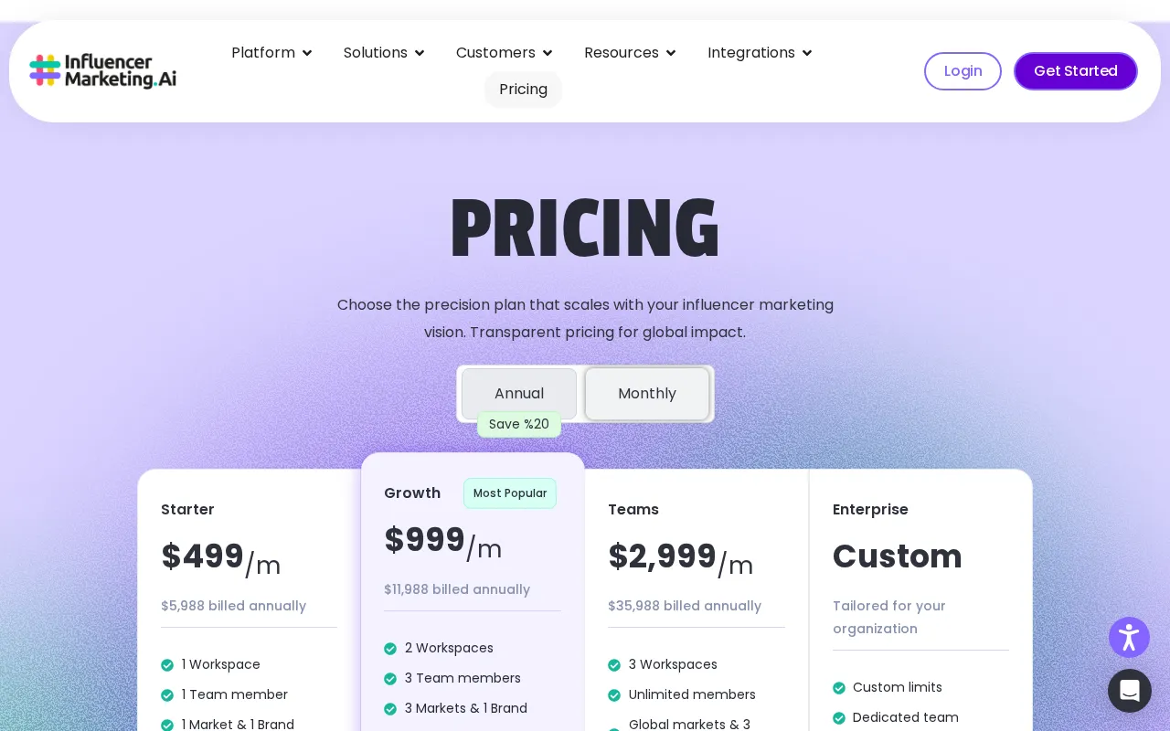 Influencermarketing — pricing page