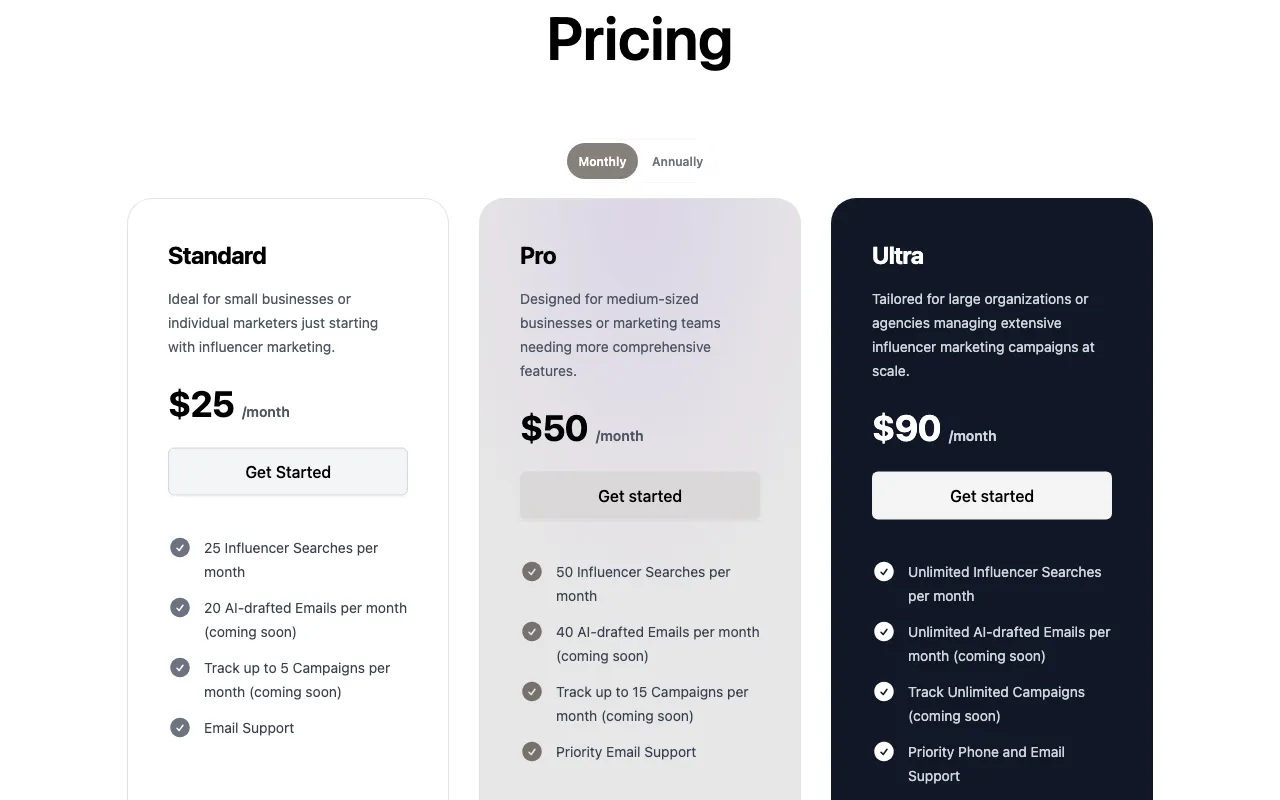 Influerank — pricing page