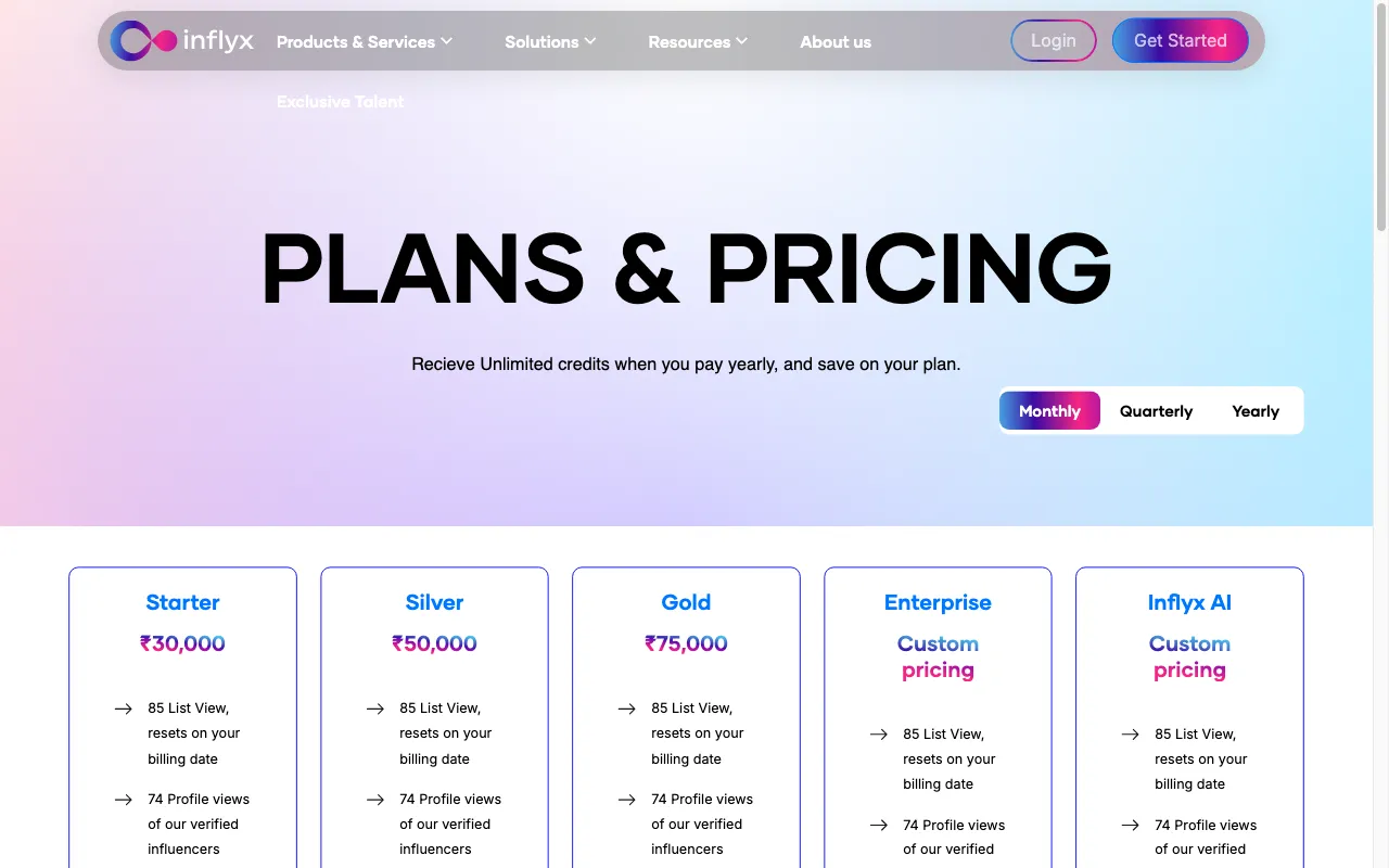 Inflyx — pricing page