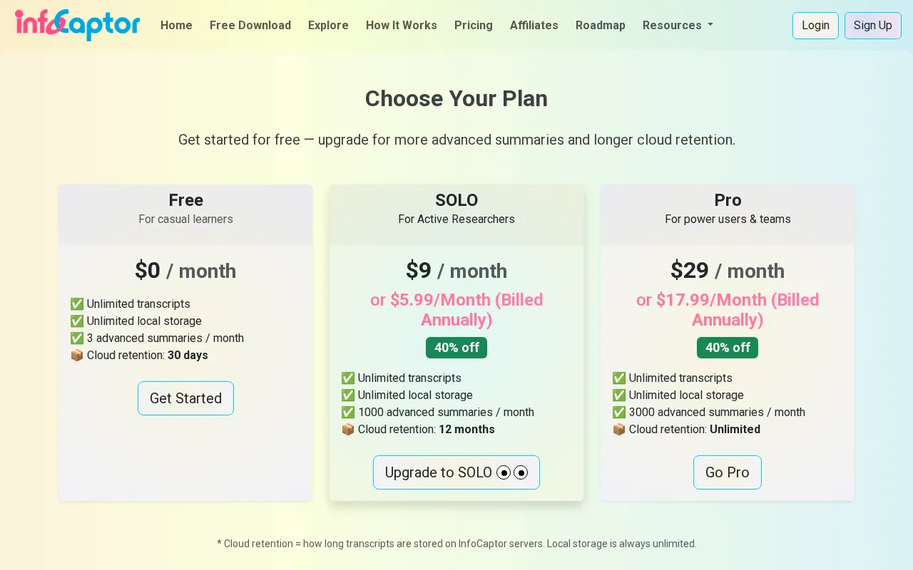 InfoCaptor — pricing page