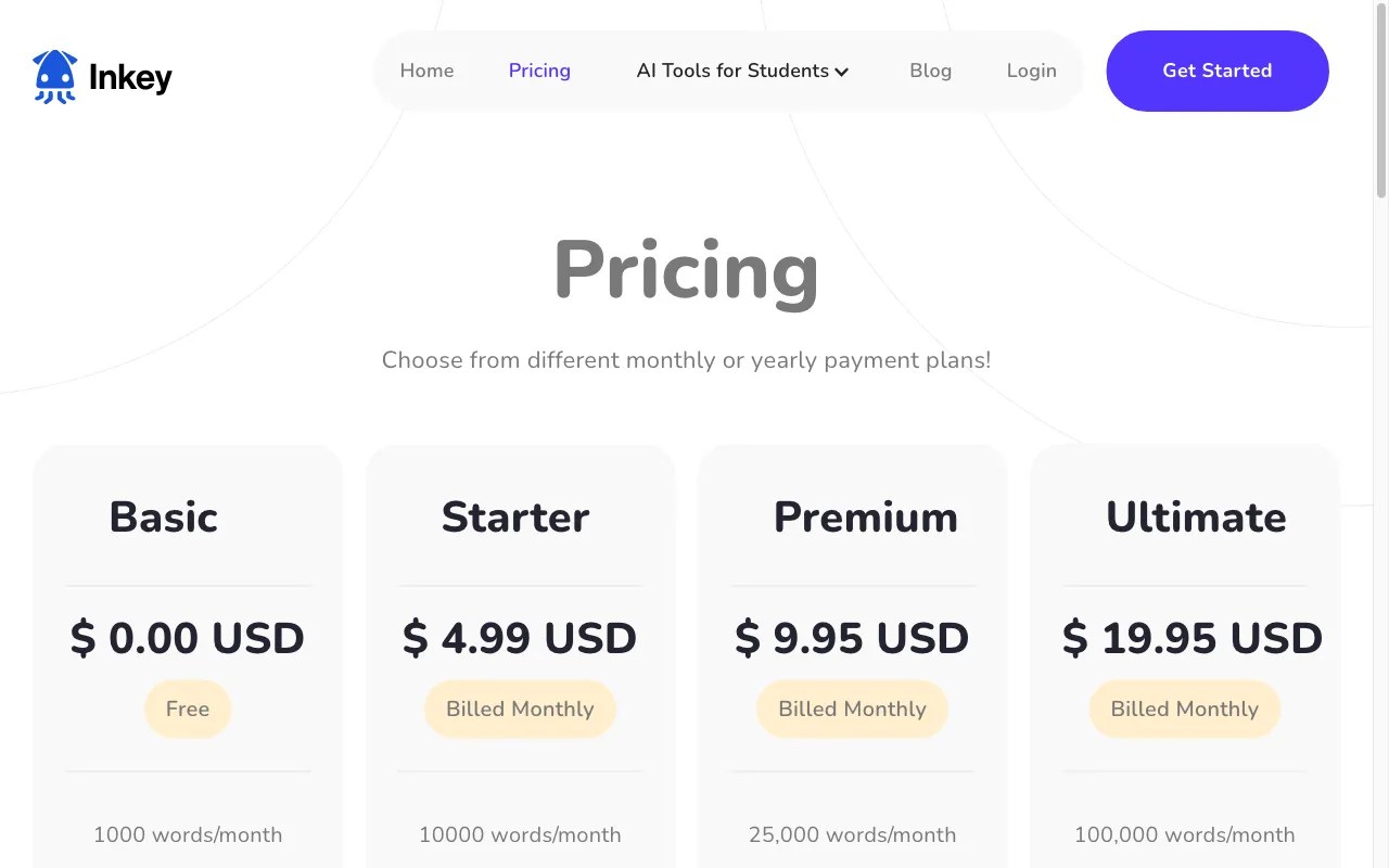 Inkey.ai — pricing page