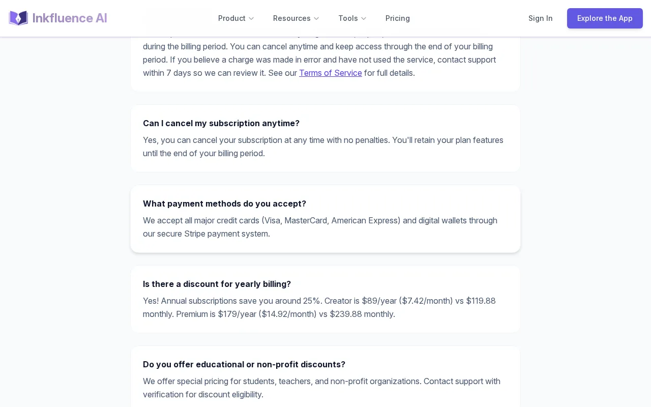 Inkfluence AI — pricing page