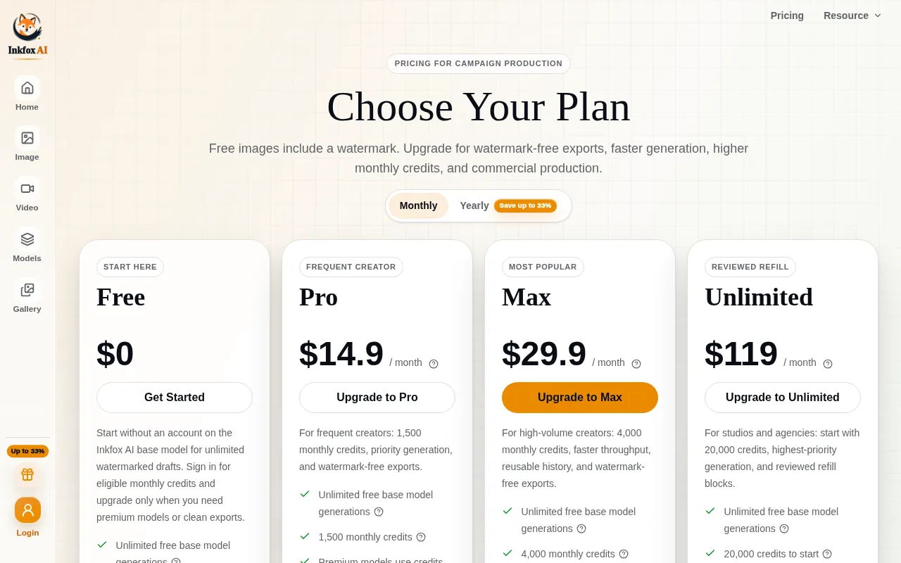 Inkfox AI — pricing page