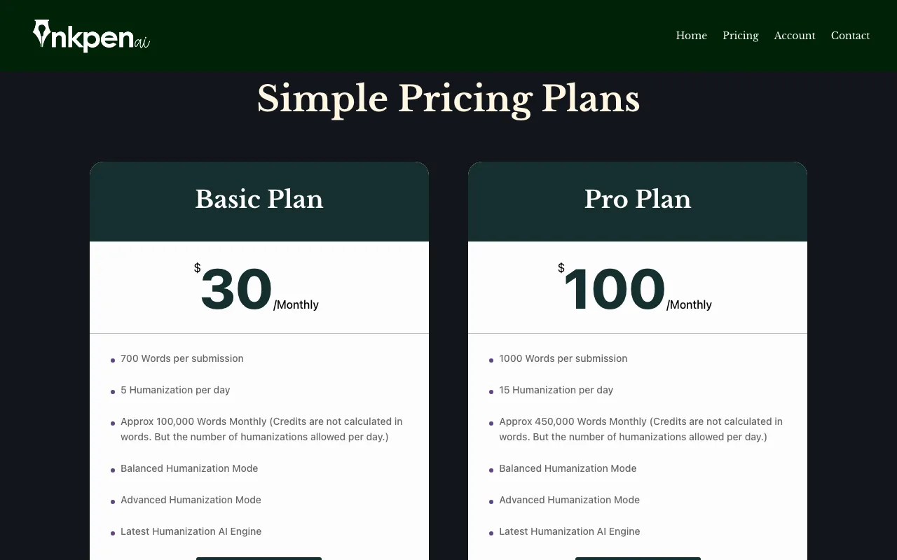 Inkpen AI Text Humanizer — pricing page