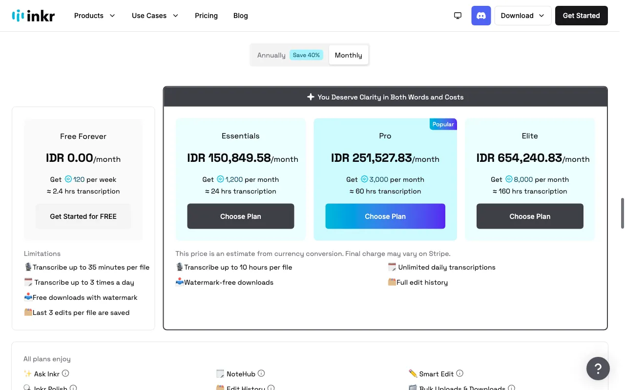 Inkr — pricing page