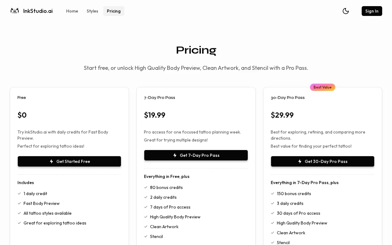 InkStudio.ai — pricing page