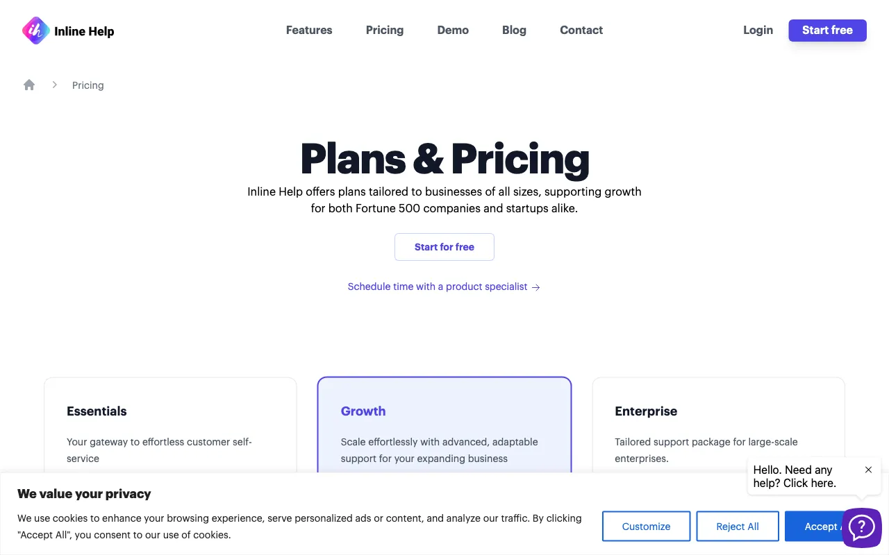 Inline Help — pricing page