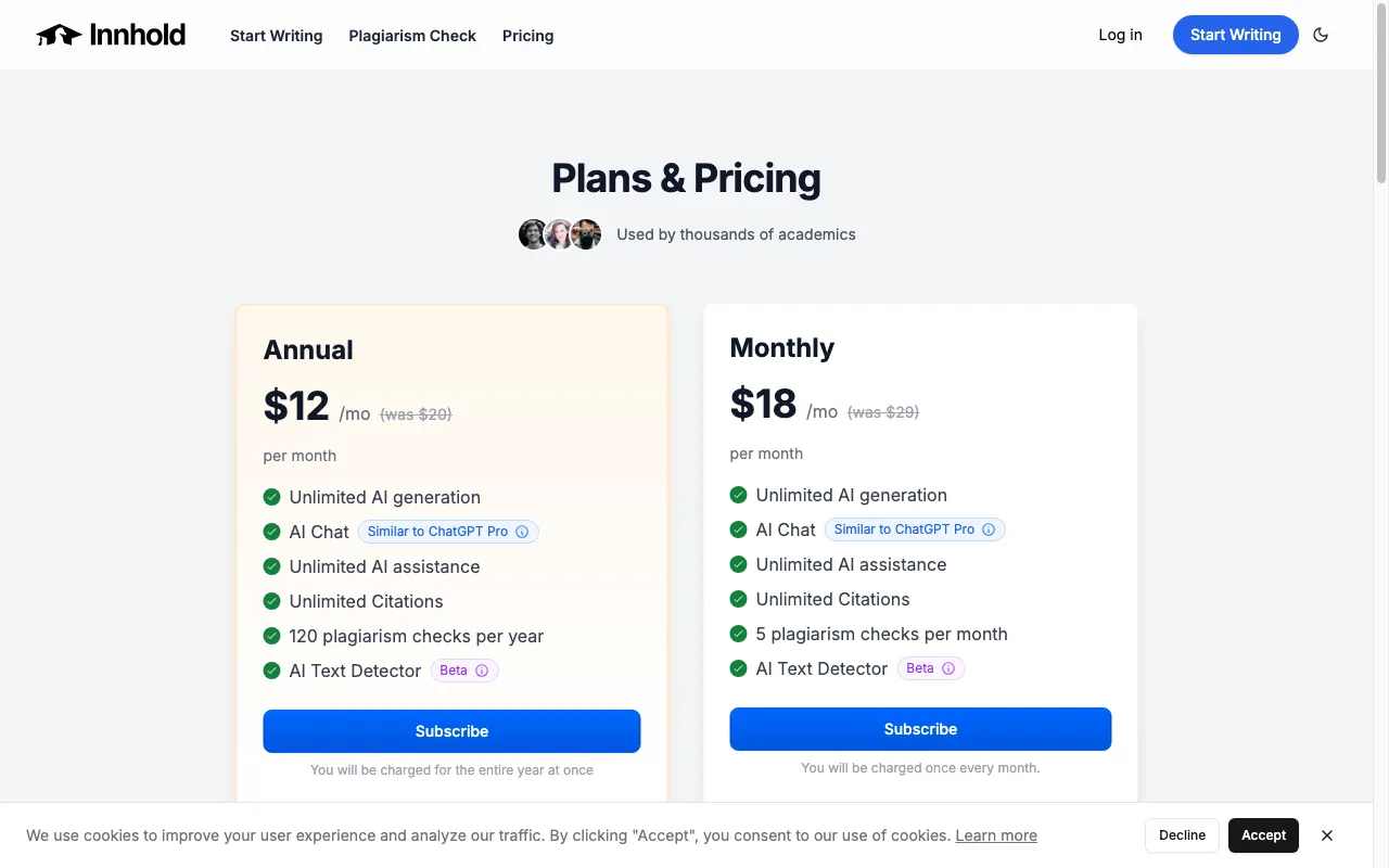 innhold.ai — pricing page