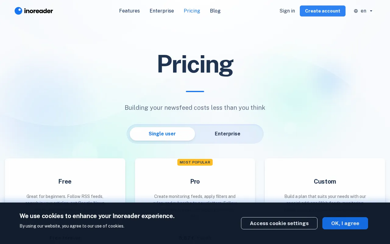 Inoreader — pricing page