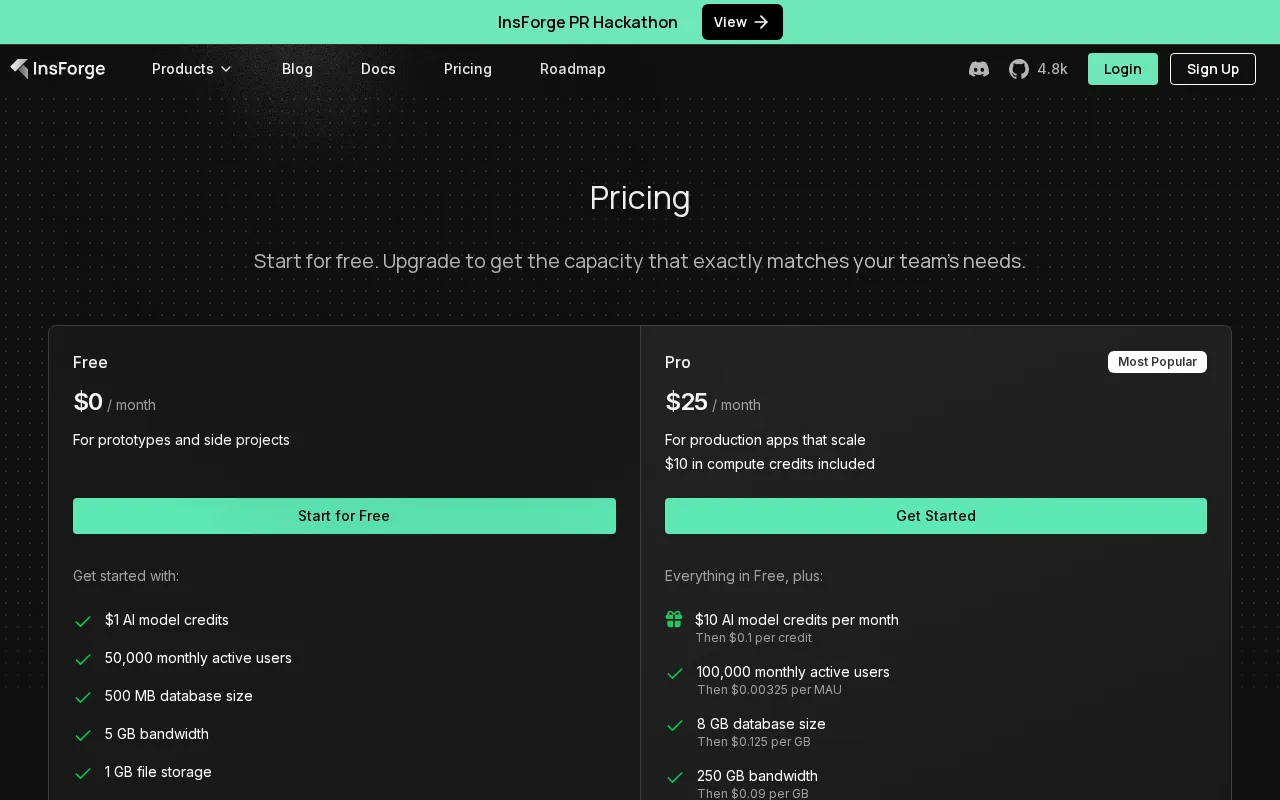InsForge — pricing page
