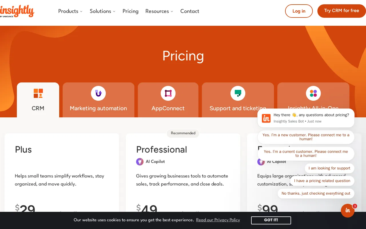 Insightly — pricing page