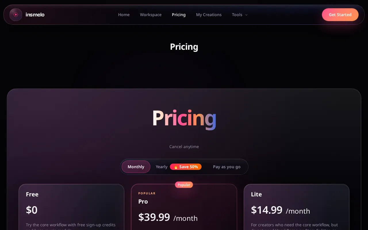 insmelo AI Music Generator — pricing page