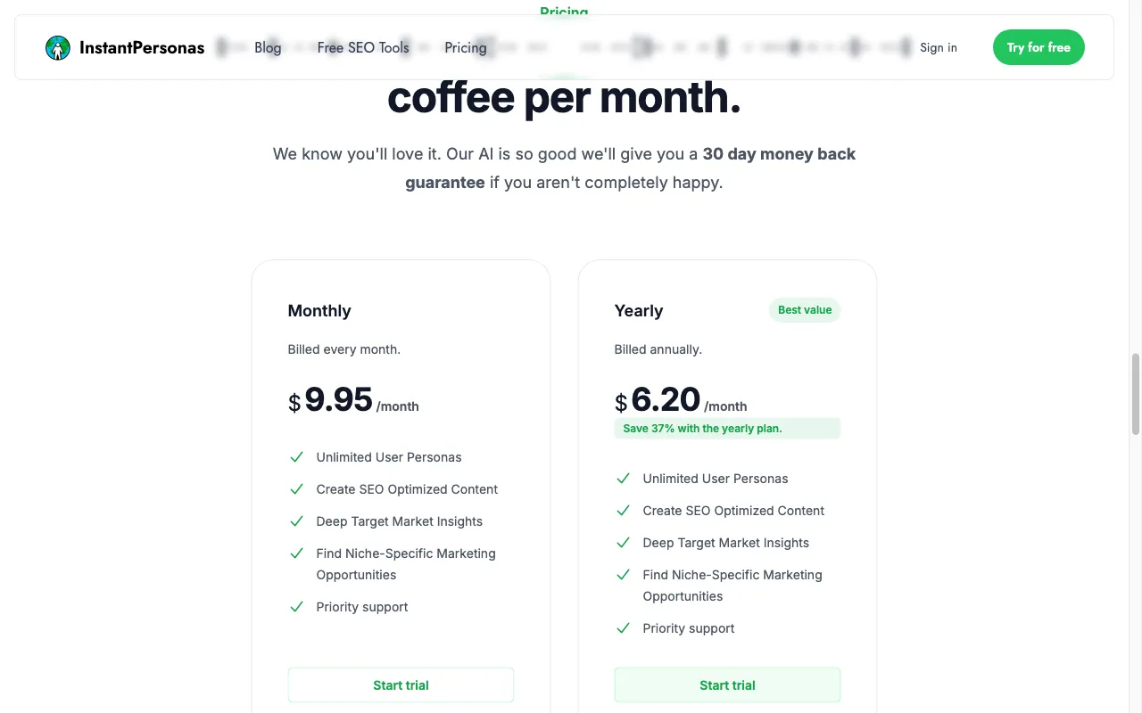 InstantPersonas — pricing page