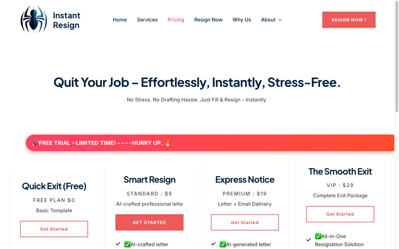 Instant Resign » — pricing page