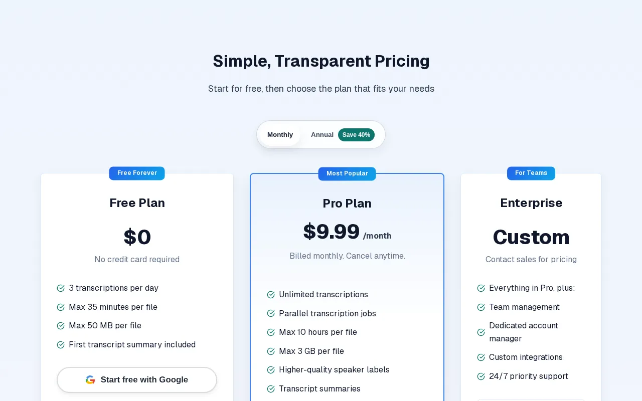 InstantTranscriber — pricing page