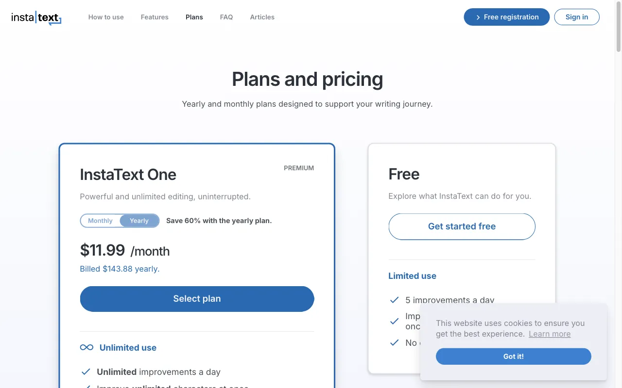 InstaText — pricing page