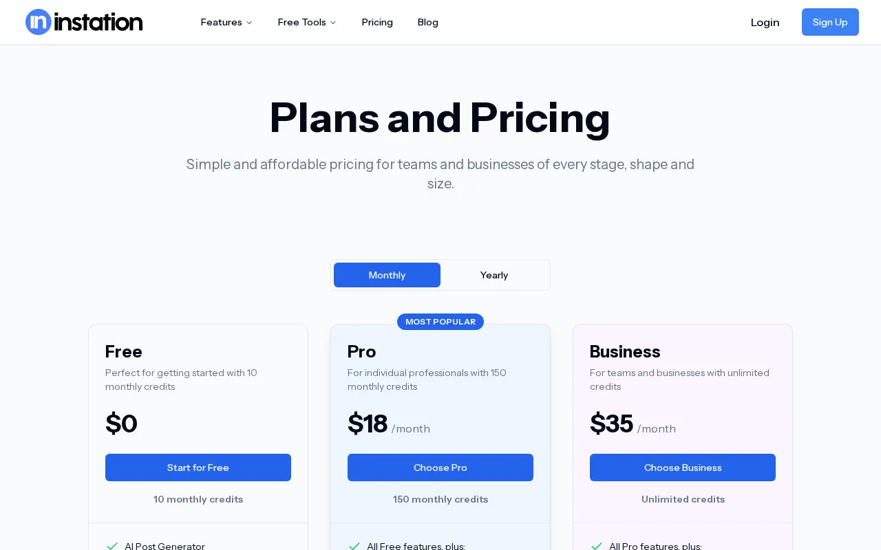 Instation — pricing page