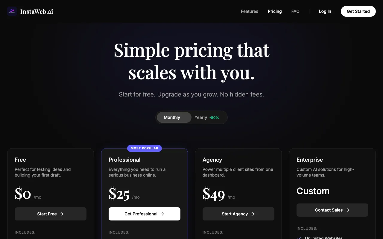 InstawebAI — pricing page