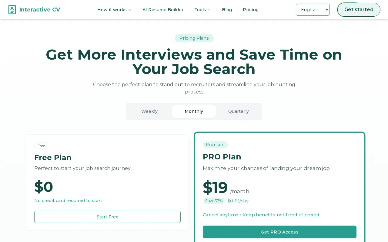 Interactive CV — pricing page