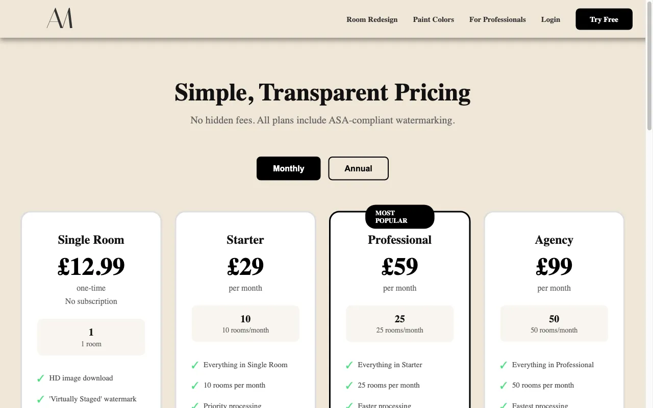 Interior Amore — pricing page