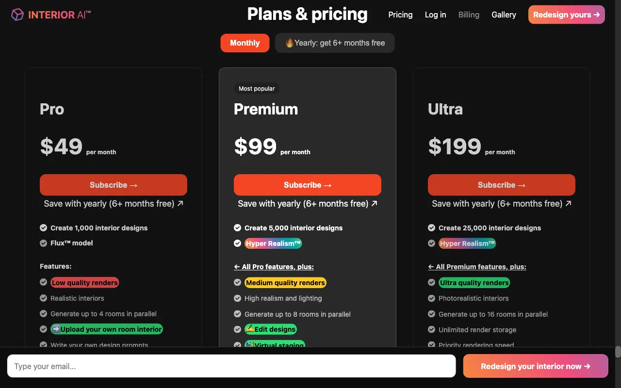 InteriorAI — pricing page