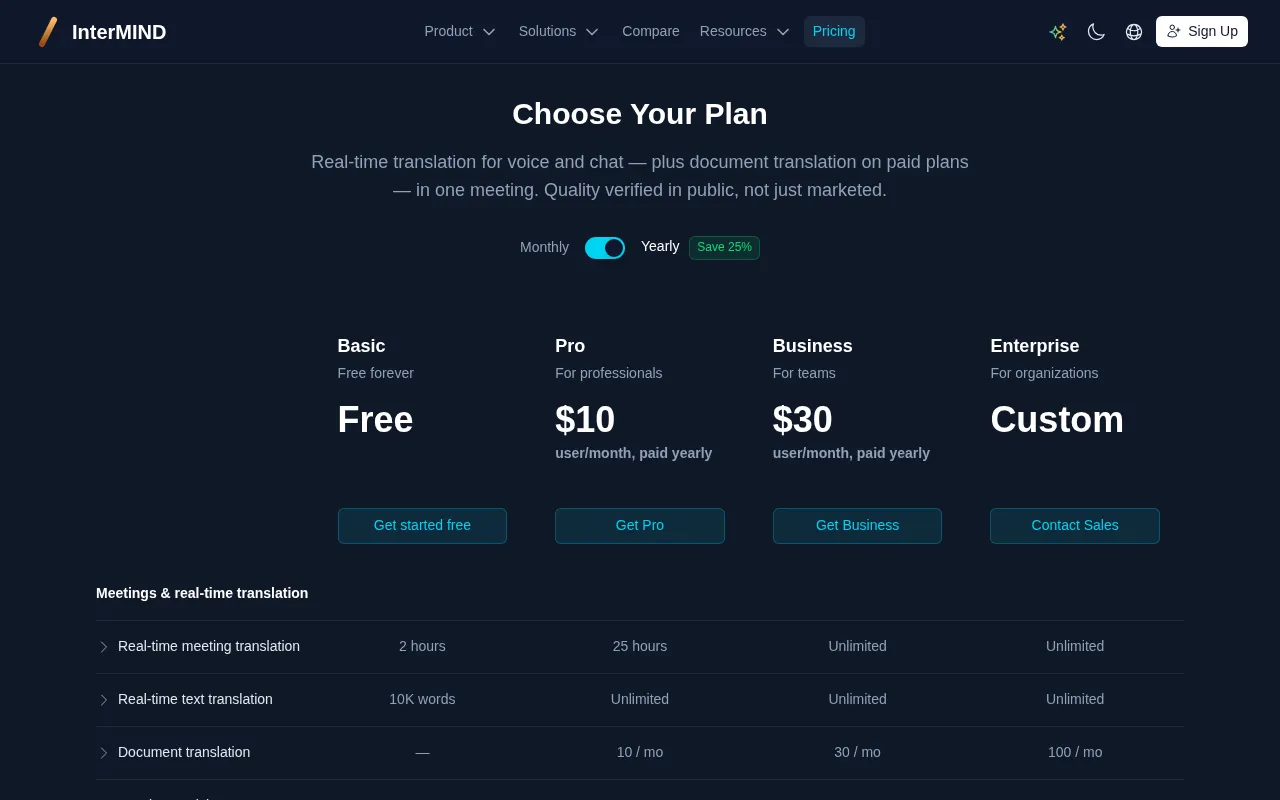 InterMIND — pricing page