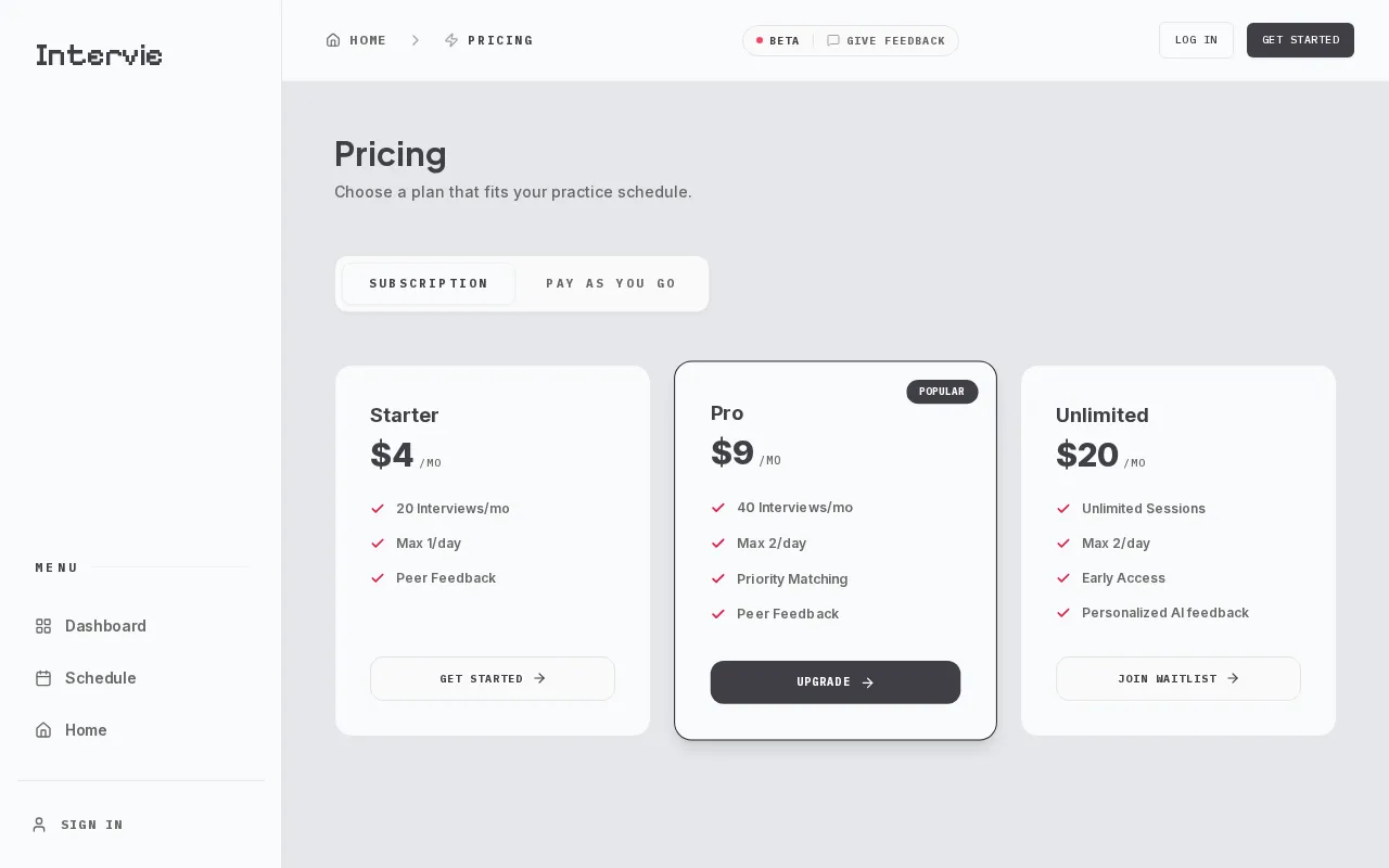 InterVie AI — pricing page