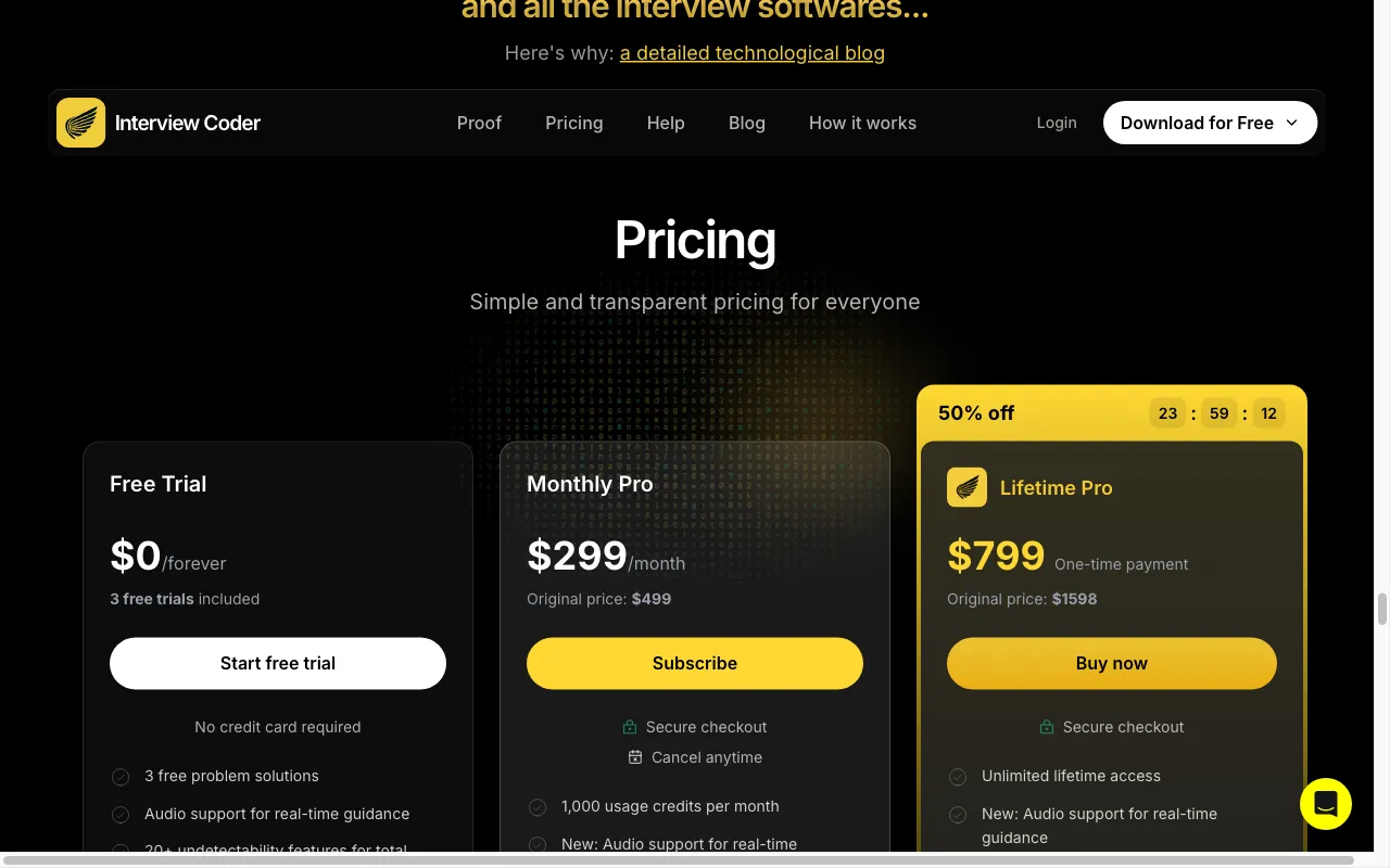 Interview Coder — pricing page
