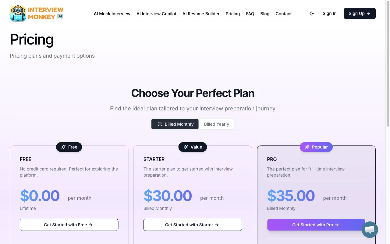 Interview Monkey AI — pricing page