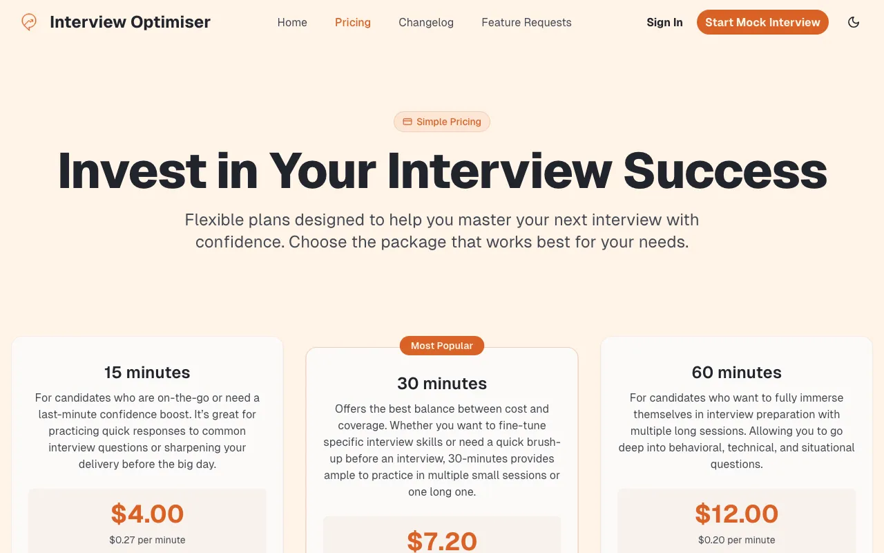 Interview Optimiser — pricing page