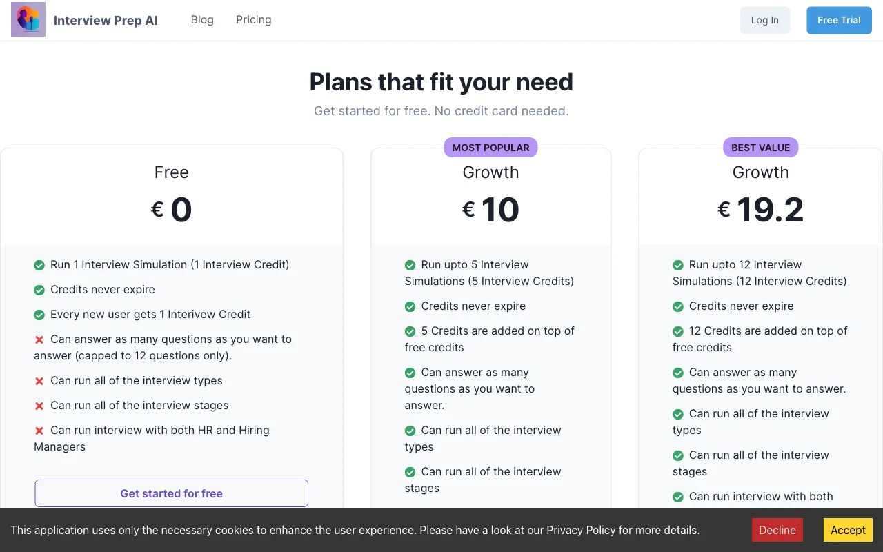 Interview Prep AI — pricing page
