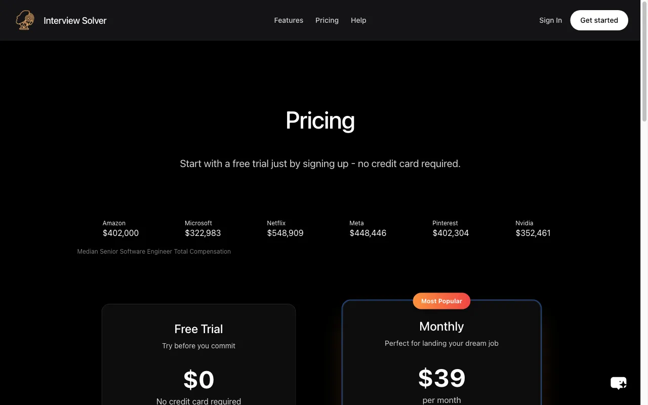 Interview Solver — pricing page
