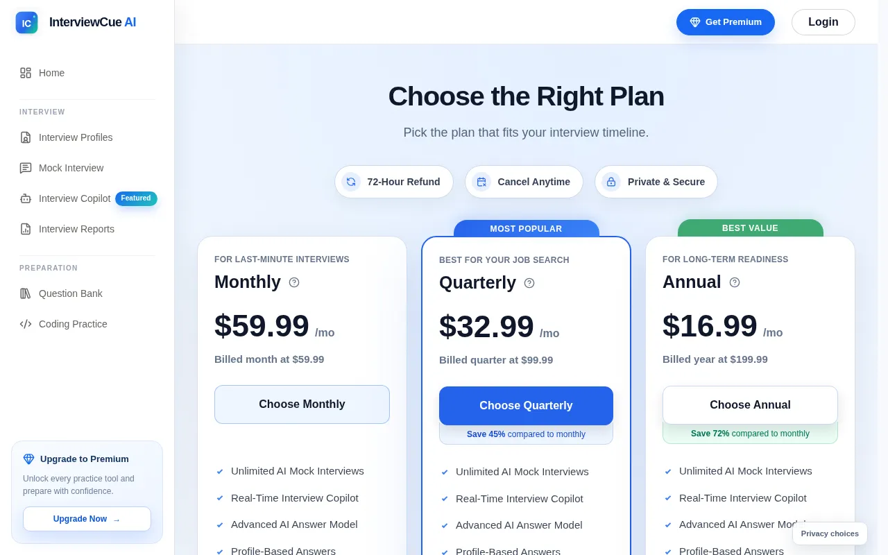 InterviewCue AI — pricing page