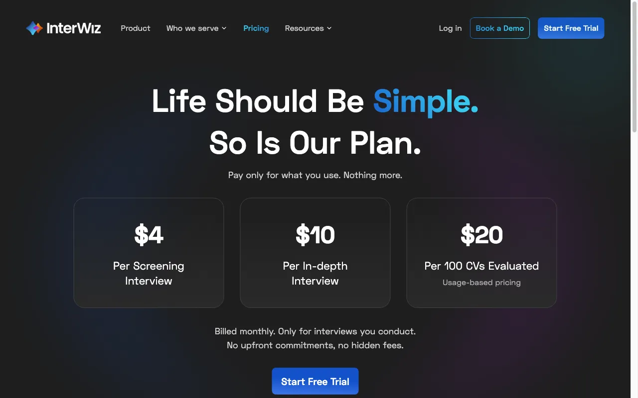 InterWiz AI — pricing page