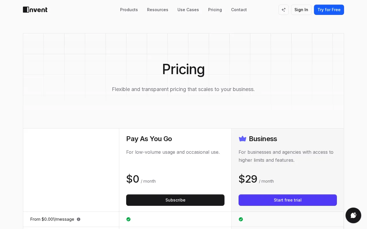 Invent — pricing page
