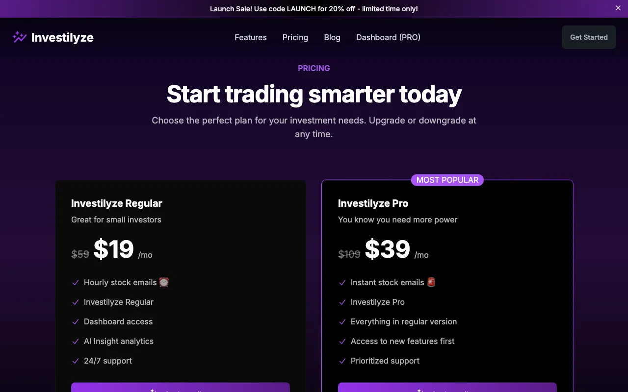 Investilyze — pricing page