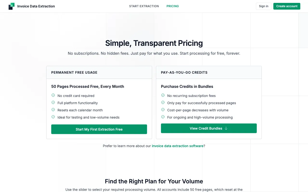 Invoice Data Extraction — pricing page